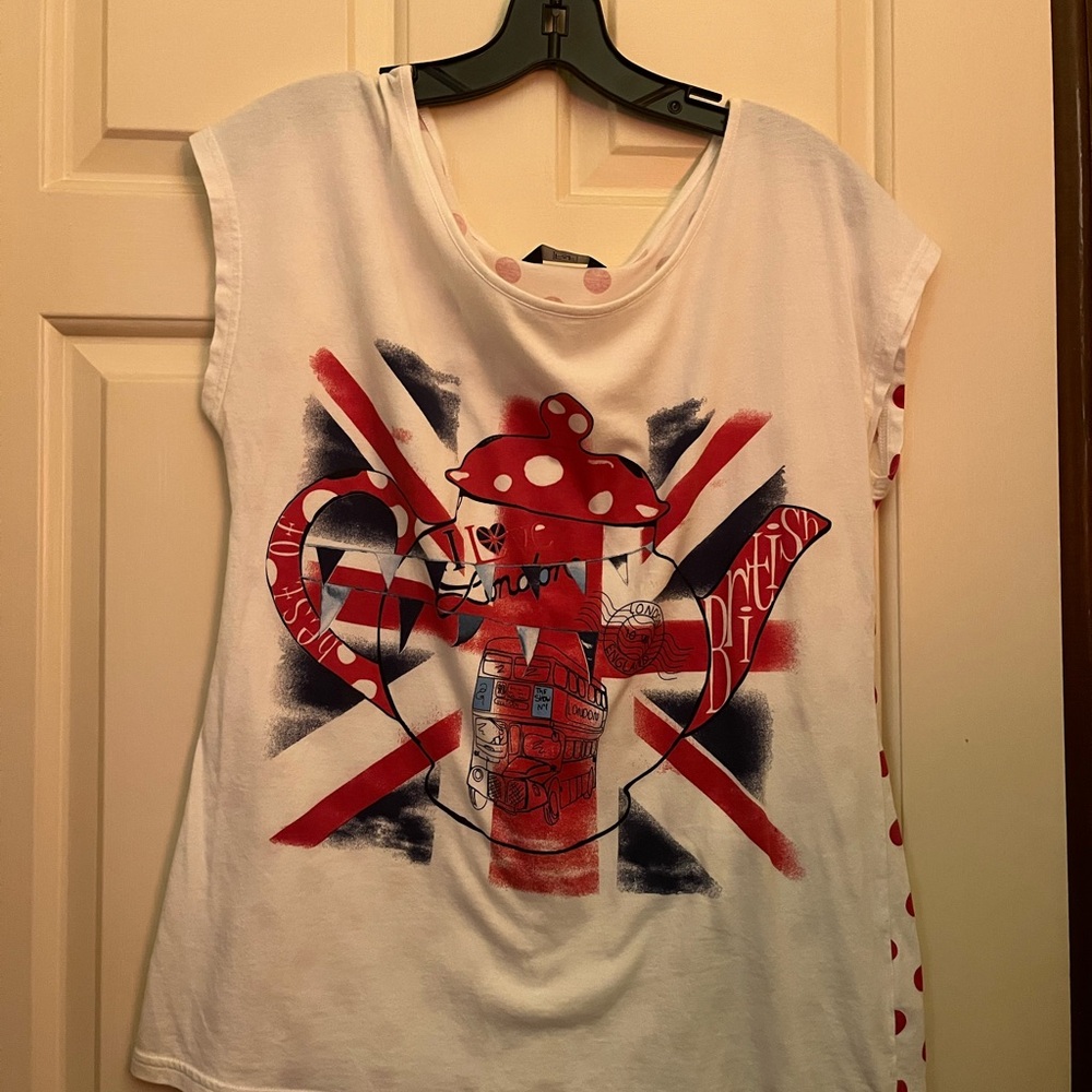 F&F White Short Sleeve Tee with Red and Navy Union Jack Teapot Graphic